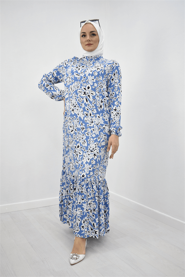 Kadın Mavi Beyaz Çiçek Desen Tam Boy Eteği Fırfırlı Hakim Yaka Elbise