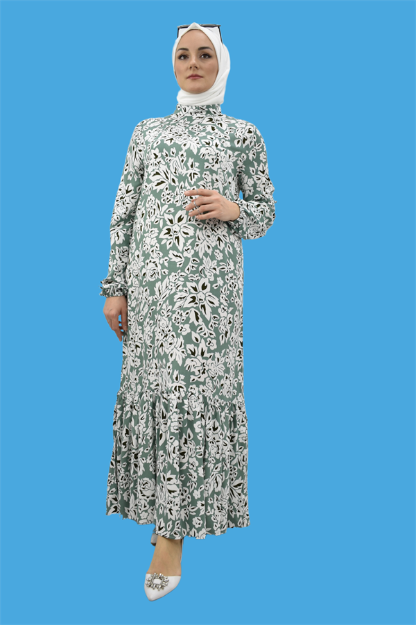 Kadın Nil Yeşili Beyaz Çiçek Desen Tam Boy Eteği Fırfırlı Hakim Yaka Elbise