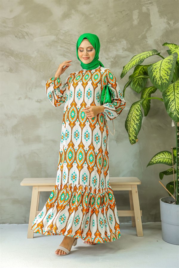 Kadın Oranj Benetton Etnik Desenli Tam Boy Eteği Fırfırlı Hakim Yaka Elbise