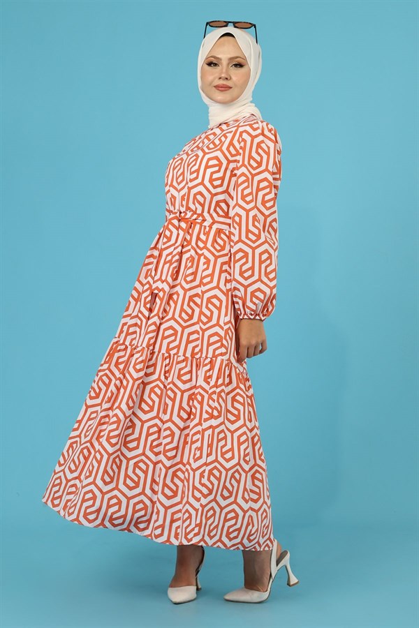 Kadın Oranj Geometrik Desenli Kuşaklı Elbise