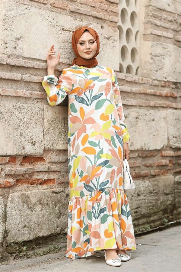 Kadın Pastel Yaprak Desenli Tam Boy Eteği Fırfırlı Hakim Yaka Elbise