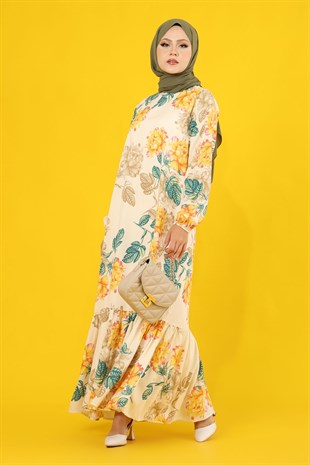 Kadın Ekru Zemin Sarı Çiçek Desenli Tam Boy Eteği Fırfırlı Hakim Yaka Elbise