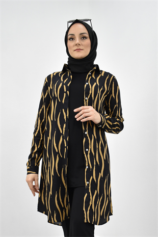 Kadın Gizli Düğmeli Siyah Zemin Camel Çizgi Desen Gömlek Tunik