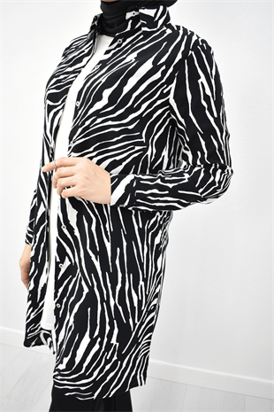 Kadın Gizli Düğmeli Zebra Desen Gömlek Tunik
