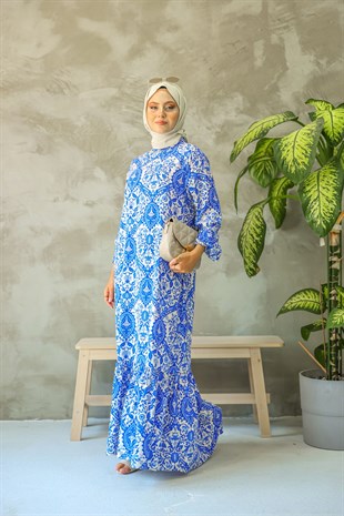 Kadın Mavi Barok Desenli Tam Boy Eteği Fırfırlı Hakim Yaka Elbise