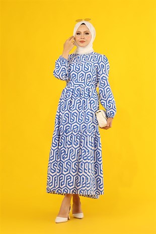Kadın Mavi Geometrik Desenli Kuşaklı Elbise