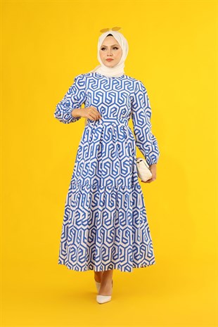 Kadın Mavi Geometrik Desenli Kuşaklı Elbise