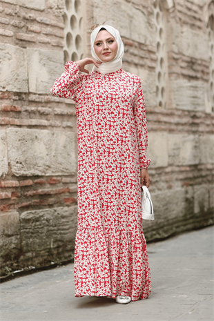 Kadın Nar Çiçeği Zemin Minik Çiçek Desenli Tam Boy Eteği Fırfırlı Hakim Yaka Elbise