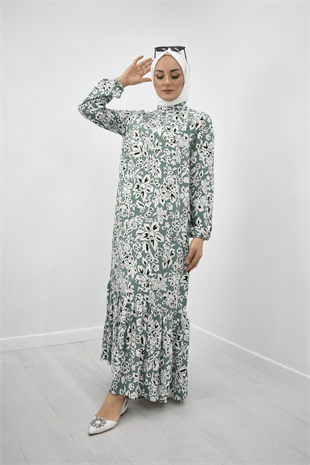 Kadın Nil Yeşili Beyaz Çiçek Desen Tam Boy Eteği Fırfırlı Hakim Yaka Elbise