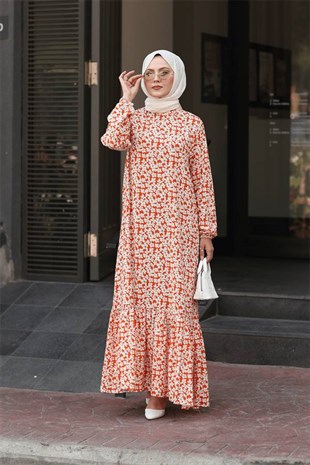 Kadın Oranj Zemin Minik Çiçek Desenli Tam Boy Eteği Fırfırlı Hakim Yaka Elbise
