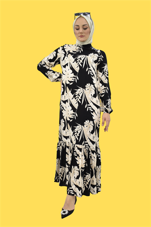 Kadın Taş Yaprak Desenli Siyah Tam Boy Eteği Fırfırlı Hakim Yaka Elbise