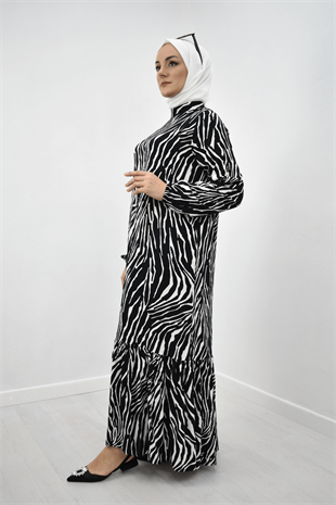 Kadın Zebra Desen Tam Boy Eteği Fırfırlı Hakim Yaka Elbise