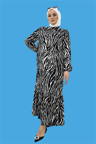 Kadın Zebra Desen Tam Boy Eteği Fırfırlı Hakim Yaka Elbise